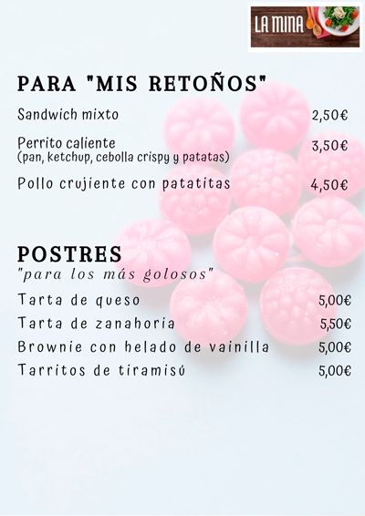 Carta restaurante La Mina